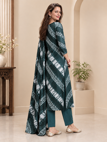 Sage-to-Charcoal Shibori Chevron Unstitched Cotton Fabric Set