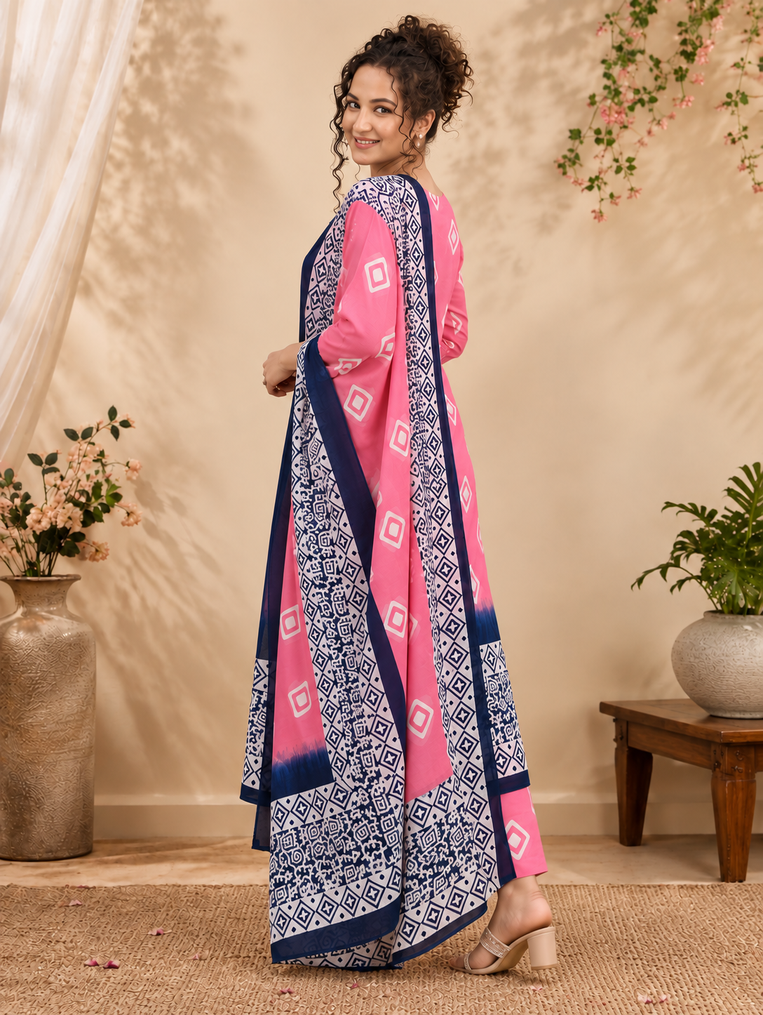 Pink & Navy Diamond Motif Unstitched Cotton Fabric Set — Spiral Scroll Border