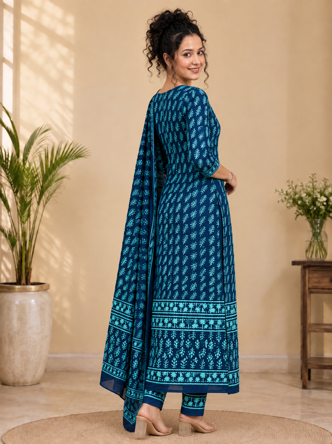 Indigo Blue & Teal Hand Block Printed Pure Cotton 3-Piece Suit Set | Straight Fit Kurta Pant Set
