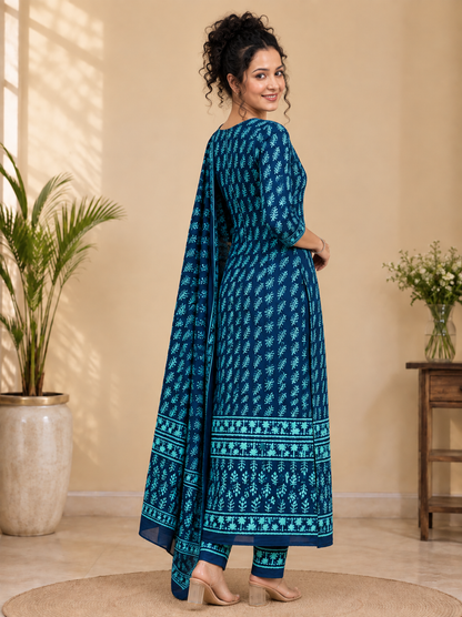 Indigo Blue & Teal Hand Block Printed Pure Cotton 3-Piece Suit Set | Straight Fit Kurta Pant Set