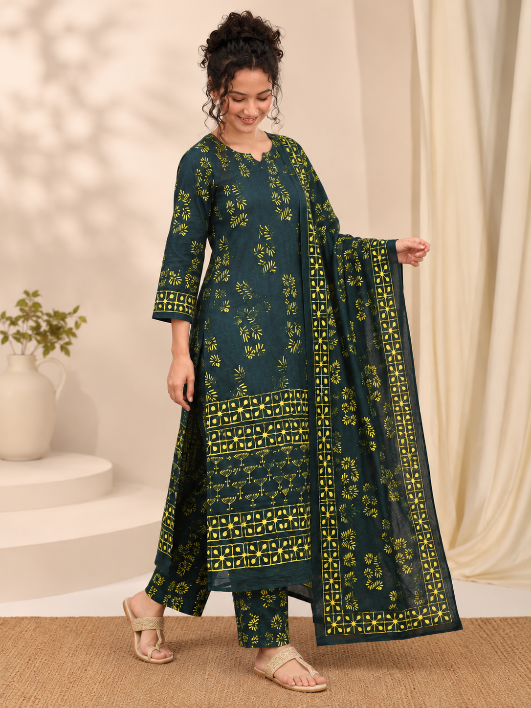Van Bagru Hand Block Print Cotton Suit Set — Bottle Green & Mustard (Unstitched, 7.5m)