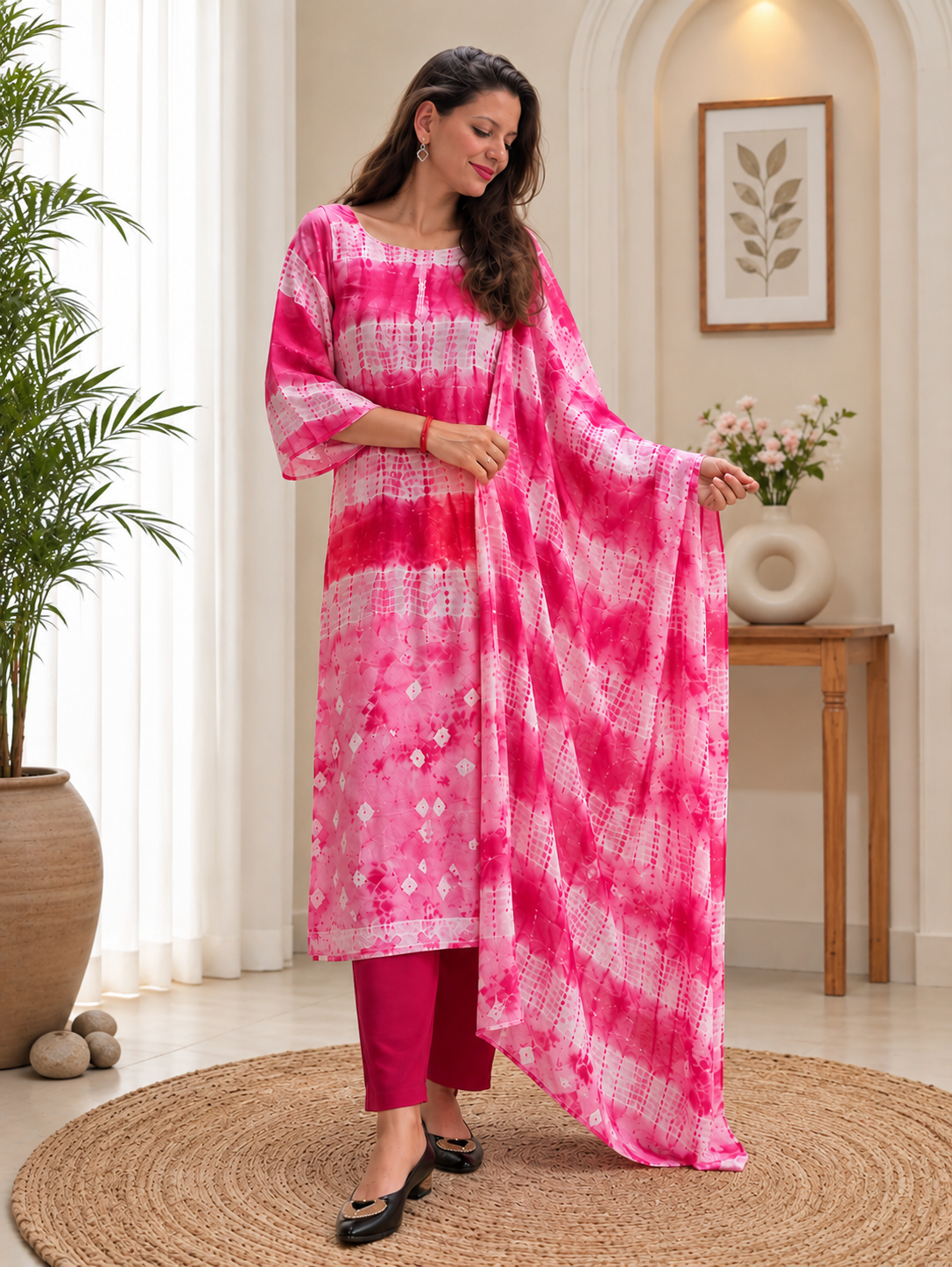 Blush-to-Berry Shibori Chevron Unstitched Cotton Fabric Set