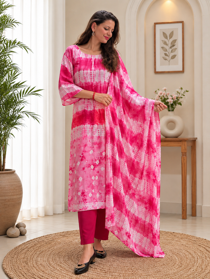 Blush-to-Berry Shibori Chevron Unstitched Cotton Fabric Set