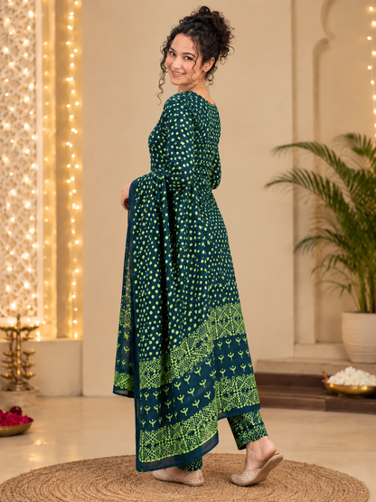 Bagru Hand Block Print Cotton Suit Set — Bottle Green & Mustard Dot Print (Unstitched, 7.5m)