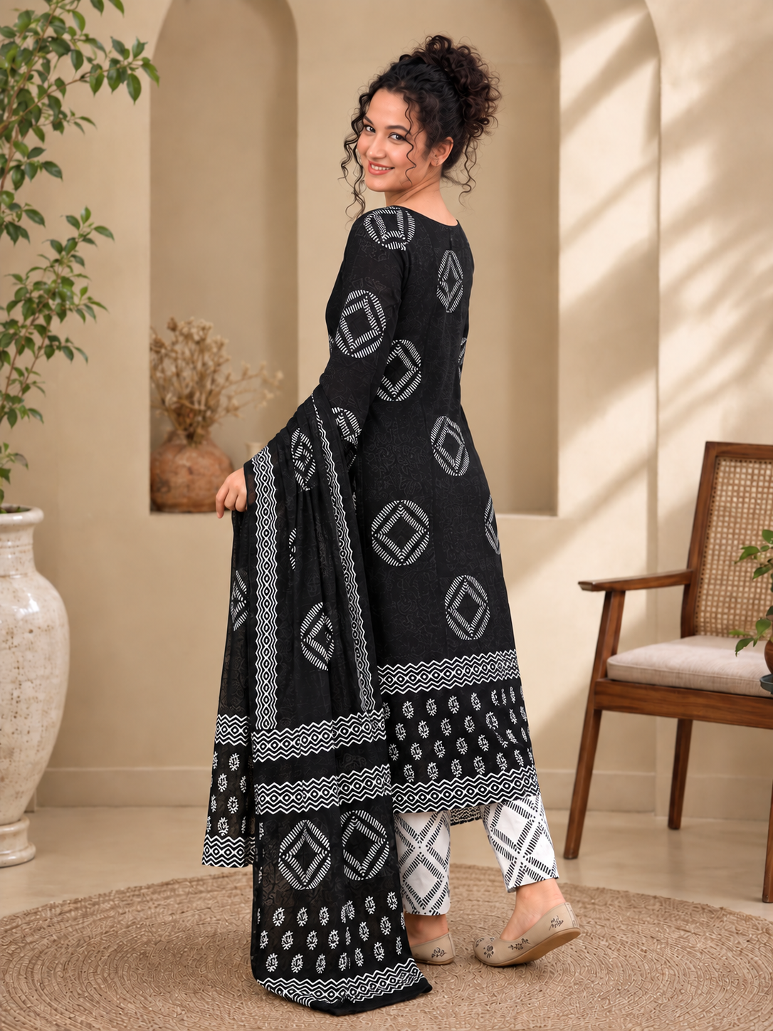 Aditi Bagru Hand Block Print Cotton Suit Set — Monochrome Black & White (Unstitched, 7.5m)