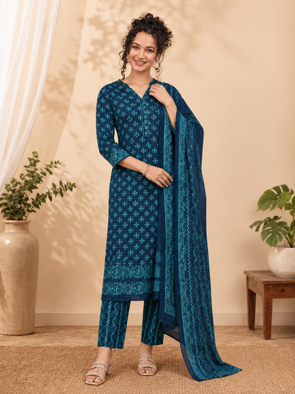 Saanvi Bagru Hand Block Print Cotton Suit Set — Indigo & Sage Bordered Dupatta (Unstitched, 7.5m)