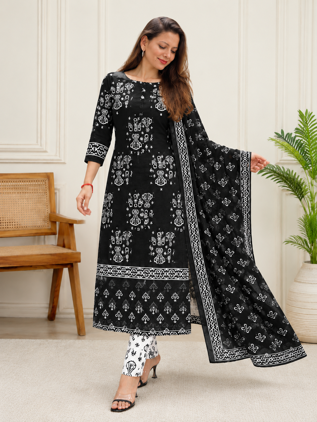 Black & Ivory Folk-Motif Unstitched Cotton Fabric Set — Scroll Border