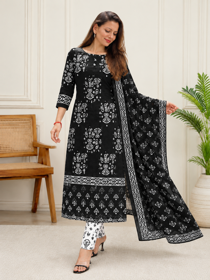 Black & Ivory Folk-Motif Unstitched Cotton Fabric Set — Scroll Border