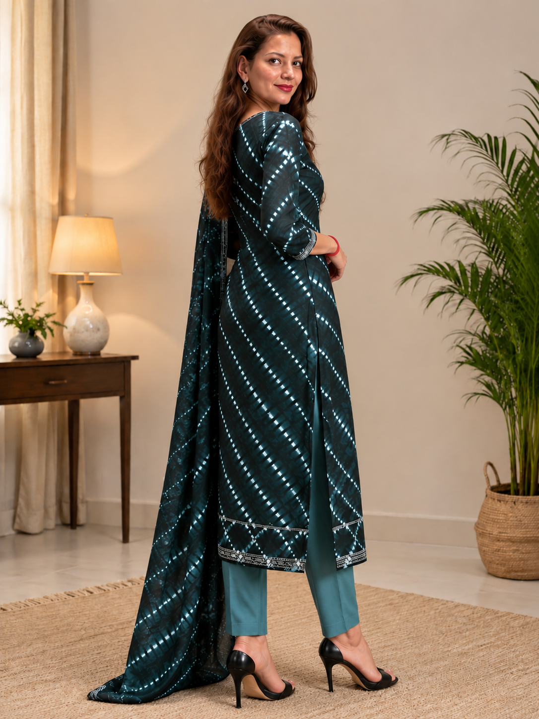 Arashi Shibori Cotton Suit Set — Teal to Black (Unstitched, 7.5m)