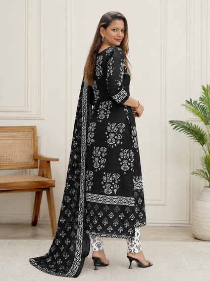 Black & Ivory Folk-Motif Unstitched Cotton Fabric Set — Scroll Border