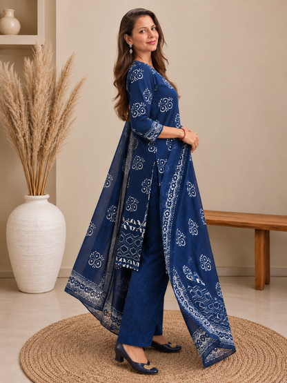Navy Blue Hand Block Printed Pure Cotton 3-Piece Suit Set | Straight Fit Kurta Pant Set