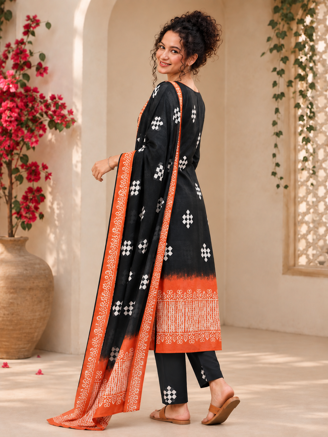 Kirti Bagru Hand Block Print Cotton Suit Set — Dip-Dye Charcoal & Rust (Unstitched, 7.5m)
