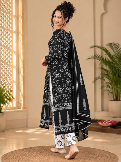 Monochrome Paisley Printed Pure Cotton Kurti Pant Dupatta Set for Office & Casual Wear