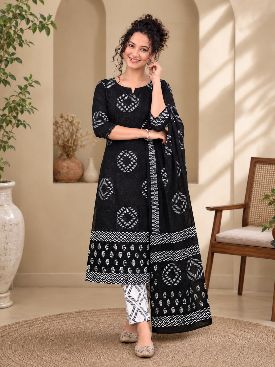 Aditi Bagru Hand Block Print Cotton Suit Set — Monochrome Black & White (Unstitched, 7.5m)