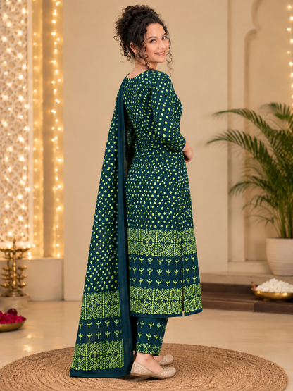 Bagru Hand Block Print Cotton Suit Set — Bottle Green & Mustard Dot Print (Unstitched, 7.5m)