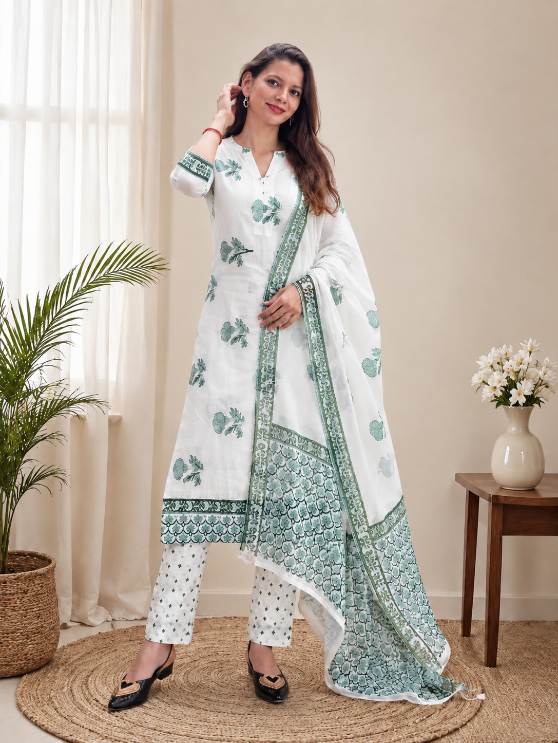 White & Green Botanical Hand Block Print Cotton Kurti Pant Dupatta Set for Office Wear