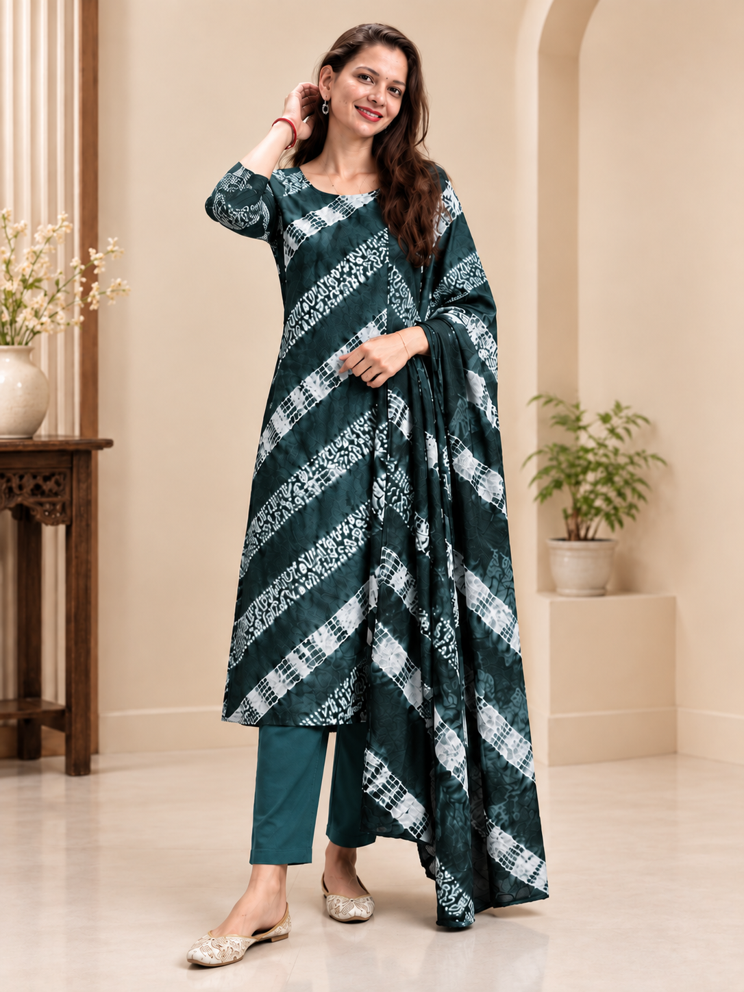 Sage-to-Charcoal Shibori Chevron Unstitched Cotton Fabric Set