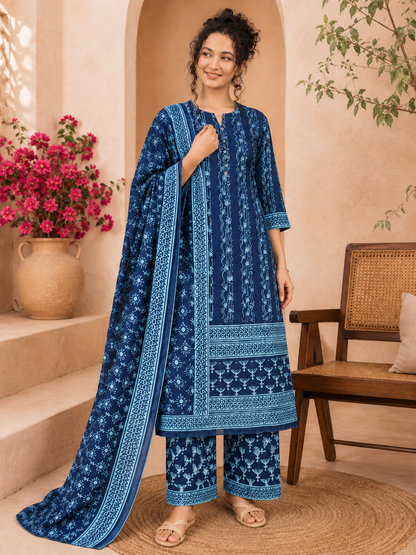 Nadia Bagru Hand Block Print Cotton Suit Set — Indigo & Turquoise Bordered Dupatta (Unstitched, 7.5m)