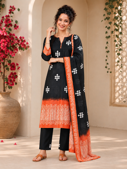 Kirti Bagru Hand Block Print Cotton Suit Set — Dip-Dye Charcoal & Rust (Unstitched, 7.5m)