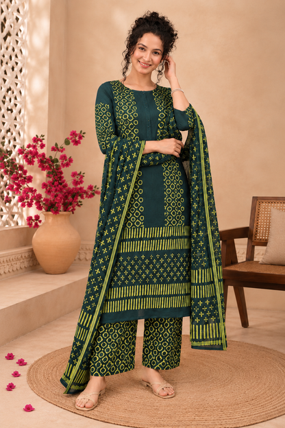 Kunj Bagru Hand Block Print Cotton Suit Set — Teal Green Bordered Dupatta (Unstitched, 7.5m)
