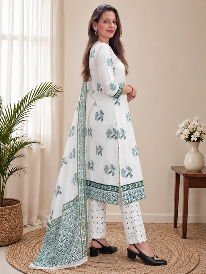 White & Green Botanical Hand Block Print Cotton Kurti Pant Dupatta Set for Office Wear