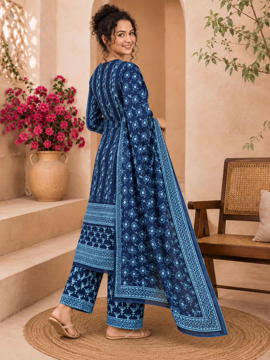 Nadia Bagru Hand Block Print Cotton Suit Set — Indigo & Turquoise Bordered Dupatta (Unstitched, 7.5m)