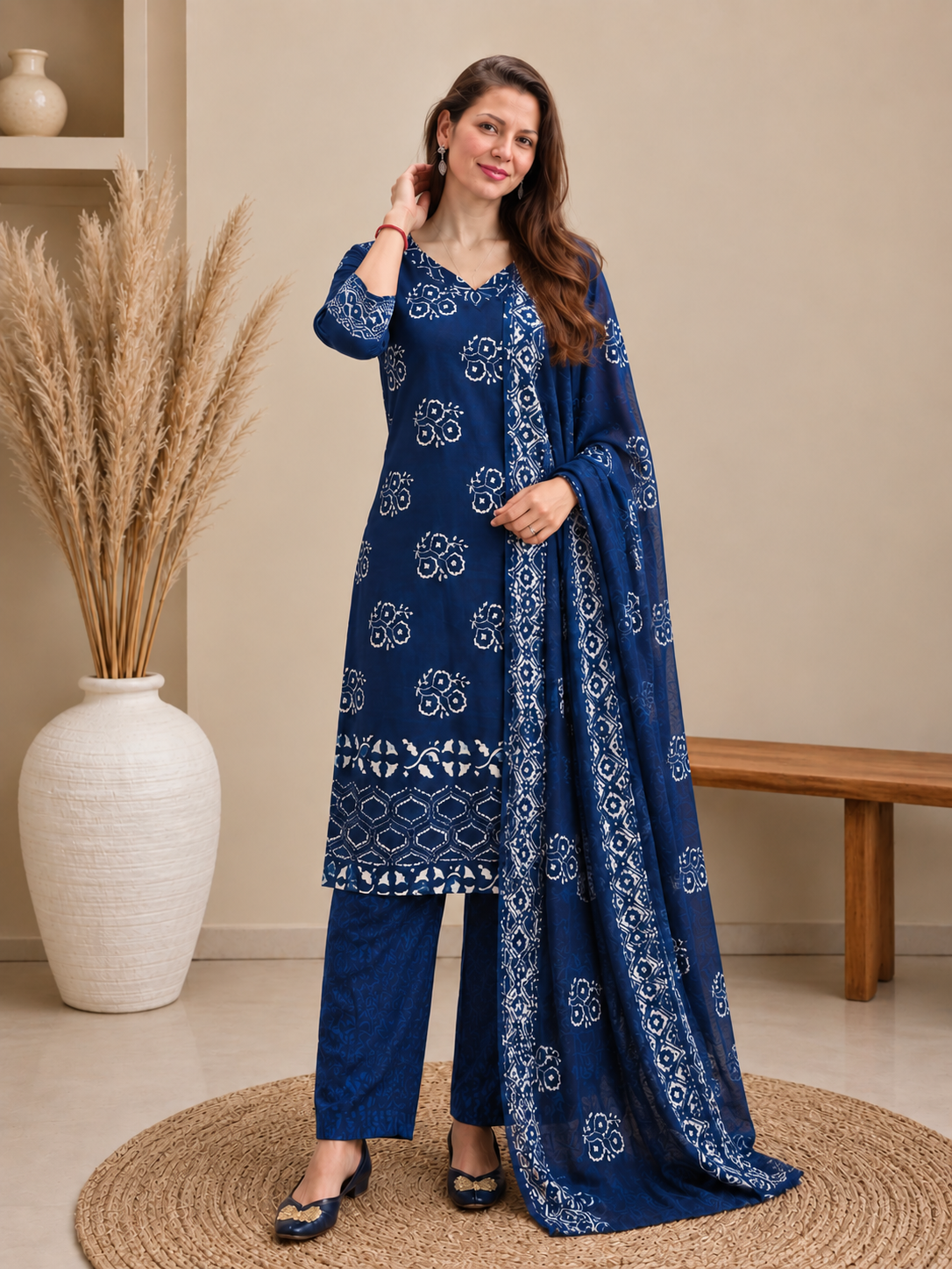 Navy Blue Hand Block Printed Pure Cotton 3-Piece Suit Set | Straight Fit Kurta Pant Set