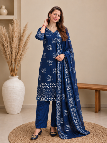 Navy Blue Hand Block Printed Pure Cotton 3-Piece Suit Set | Straight Fit Kurta Pant Set