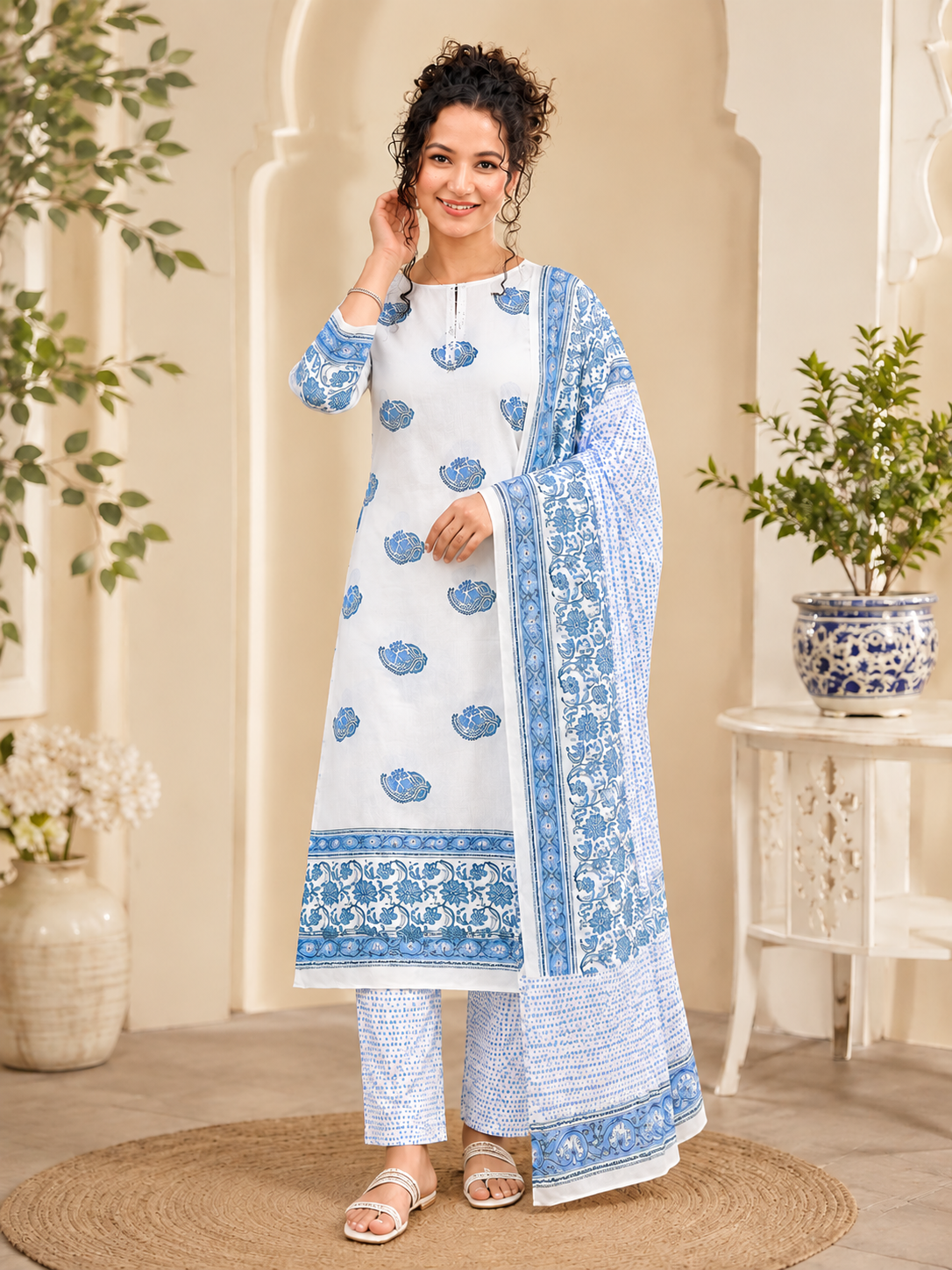 Hand Block Printed Pure Cotton 3-Piece Suit Set | White Blue Straight Kurta Set for Women