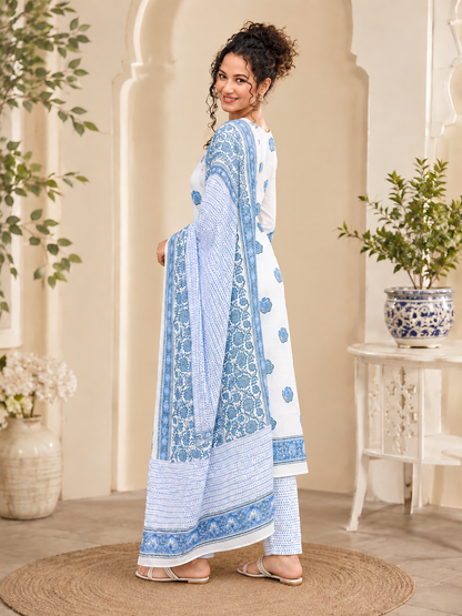 Hand Block Printed Pure Cotton 3-Piece Suit Set | White Blue Straight Kurta Set for Women