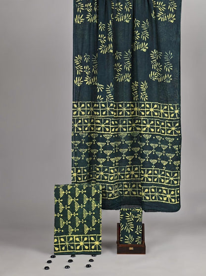 Van Bagru Hand Block Print Cotton Suit Set — Bottle Green & Mustard (Unstitched, 7.5m)
