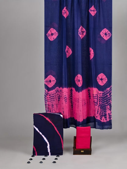 Indigo Shibori Sun-Burst Unstitched Cotton Fabric Set — Ombre Wave Border