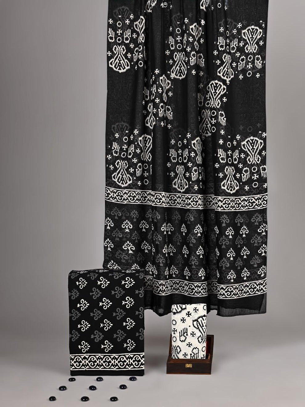 Black & Ivory Folk-Motif Unstitched Cotton Fabric Set — Scroll Border