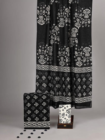 Black & Ivory Folk-Motif Unstitched Cotton Fabric Set — Scroll Border
