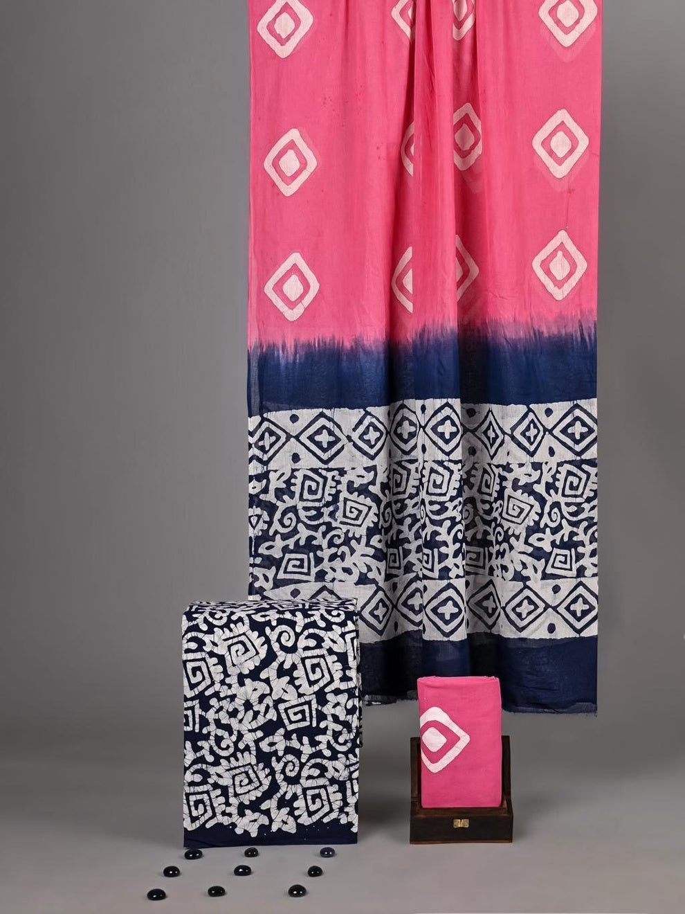 Pink & Navy Diamond Motif Unstitched Cotton Fabric Set — Spiral Scroll Border