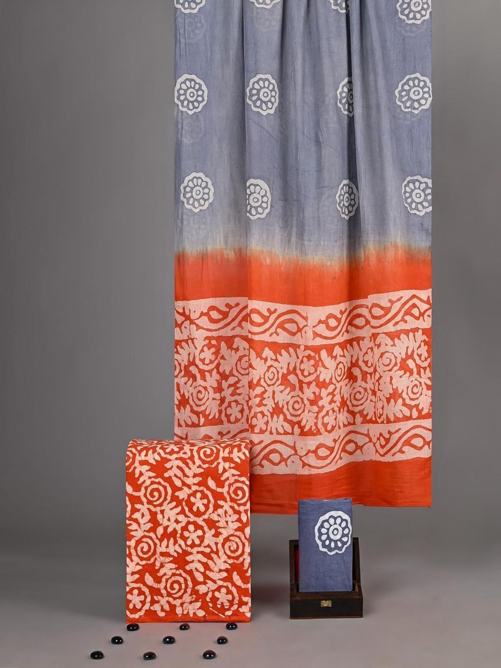 Sandhya Bagru Hand Block Print Cotton Suit Set — Dip-Dye Grey & Rust (Unstitched, 7.5m)