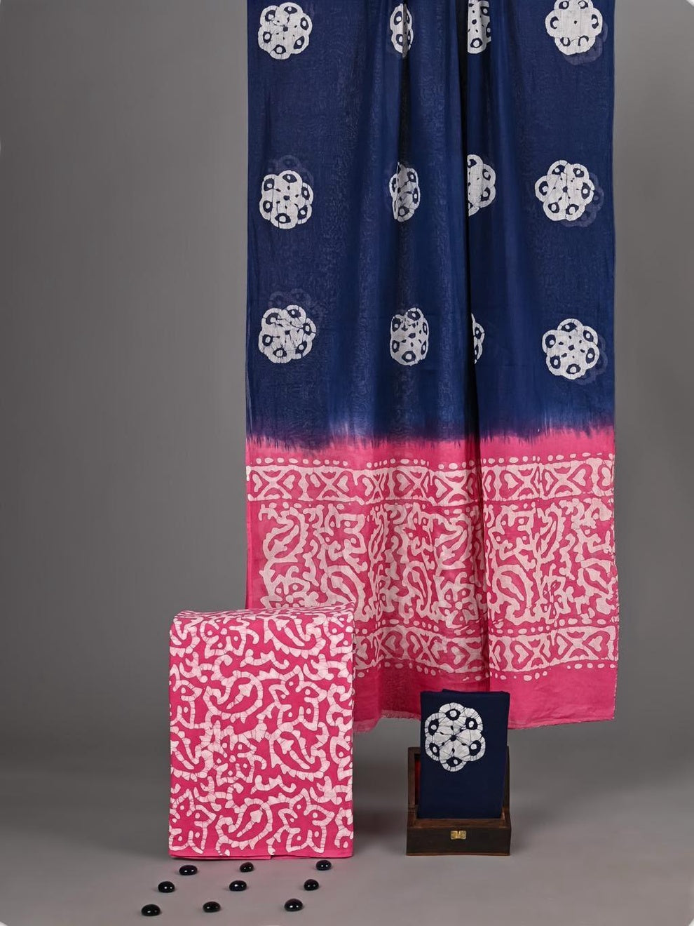 Ranjana Bagru Dabu Print Cotton Suit Set — Indigo & Fuchsia (Unstitched, 7.5m)