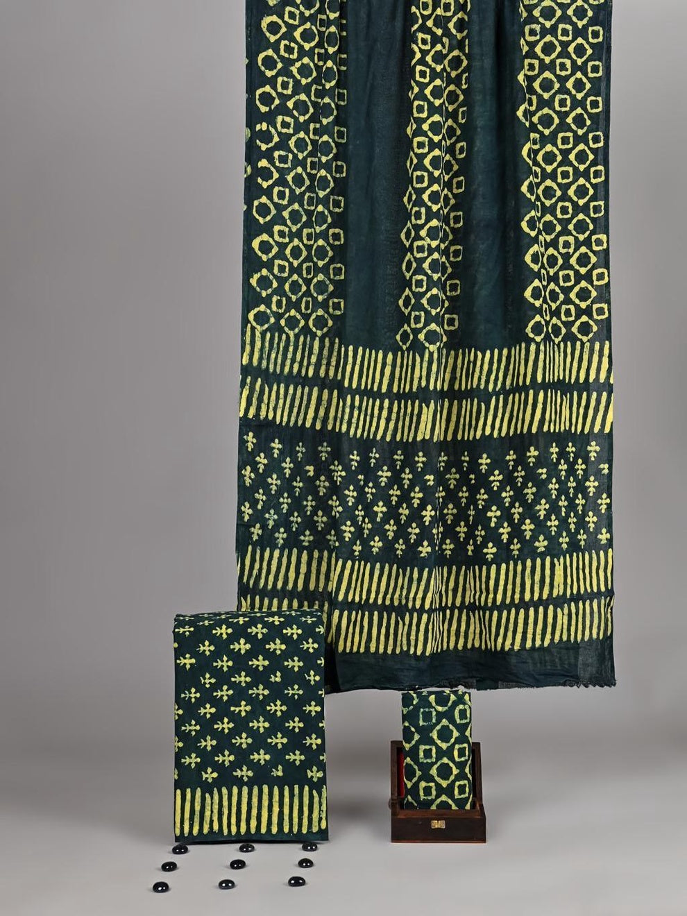Kunj Bagru Hand Block Print Cotton Suit Set — Teal Green Bordered Dupatta (Unstitched, 7.5m)