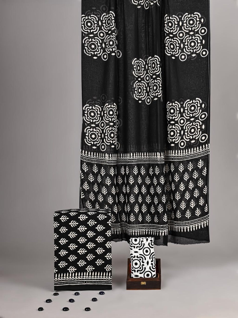 Amiya Bagru Hand Block Print Cotton Suit Set — Monochrome Black & White (Unstitched, 7.5m)
