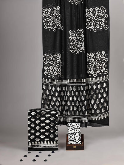 Amiya Bagru Hand Block Print Cotton Suit Set — Monochrome Black & White (Unstitched, 7.5m)