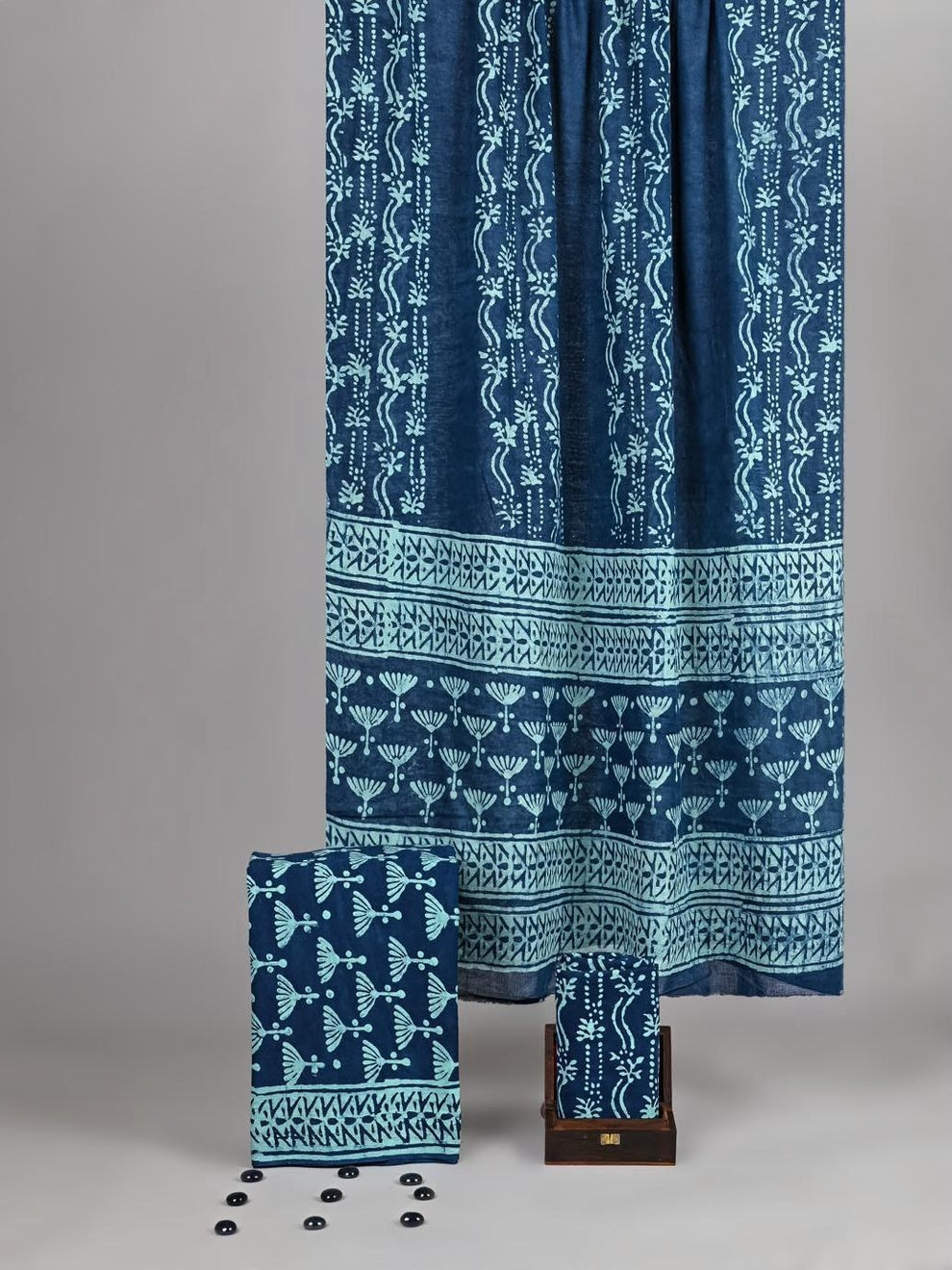 Nadia Bagru Hand Block Print Cotton Suit Set — Indigo & Turquoise Bordered Dupatta (Unstitched, 7.5m)