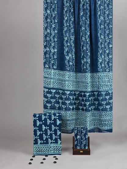 Nadia Bagru Hand Block Print Cotton Suit Set — Indigo & Turquoise Bordered Dupatta (Unstitched, 7.5m)