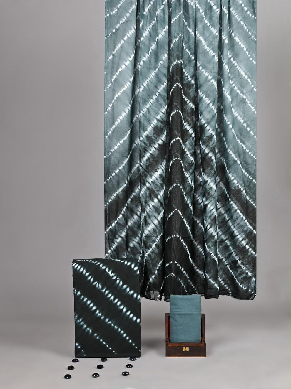 Arashi Shibori Cotton Suit Set — Teal to Black (Unstitched, 7.5m)