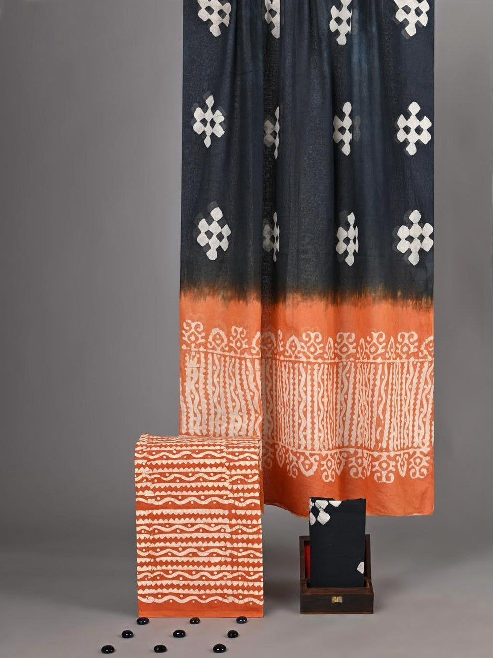 Kirti Bagru Hand Block Print Cotton Suit Set — Dip-Dye Charcoal & Rust (Unstitched, 7.5m)
