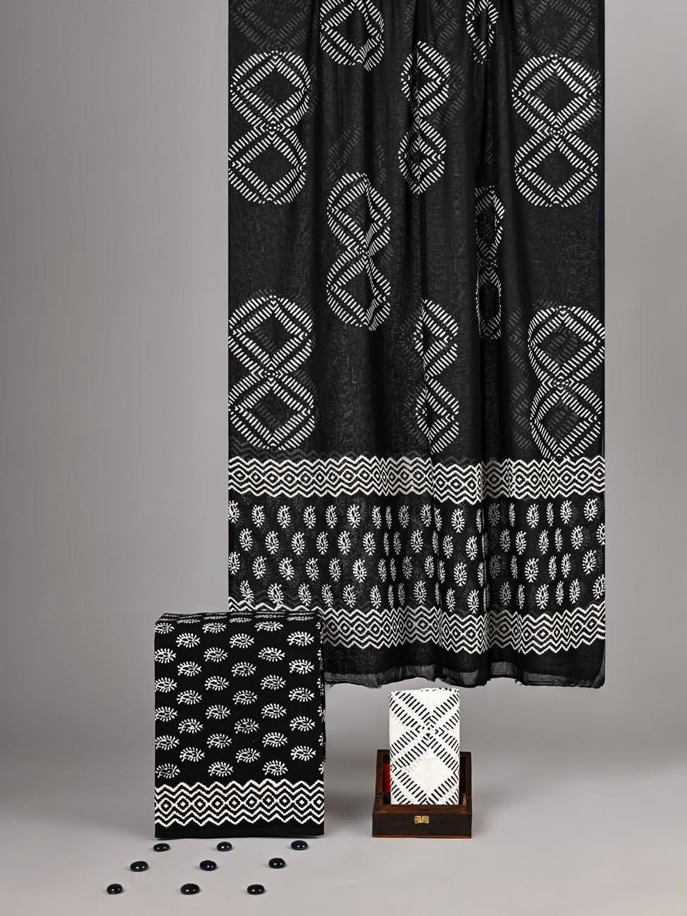 Aditi Bagru Hand Block Print Cotton Suit Set — Monochrome Black & White (Unstitched, 7.5m)